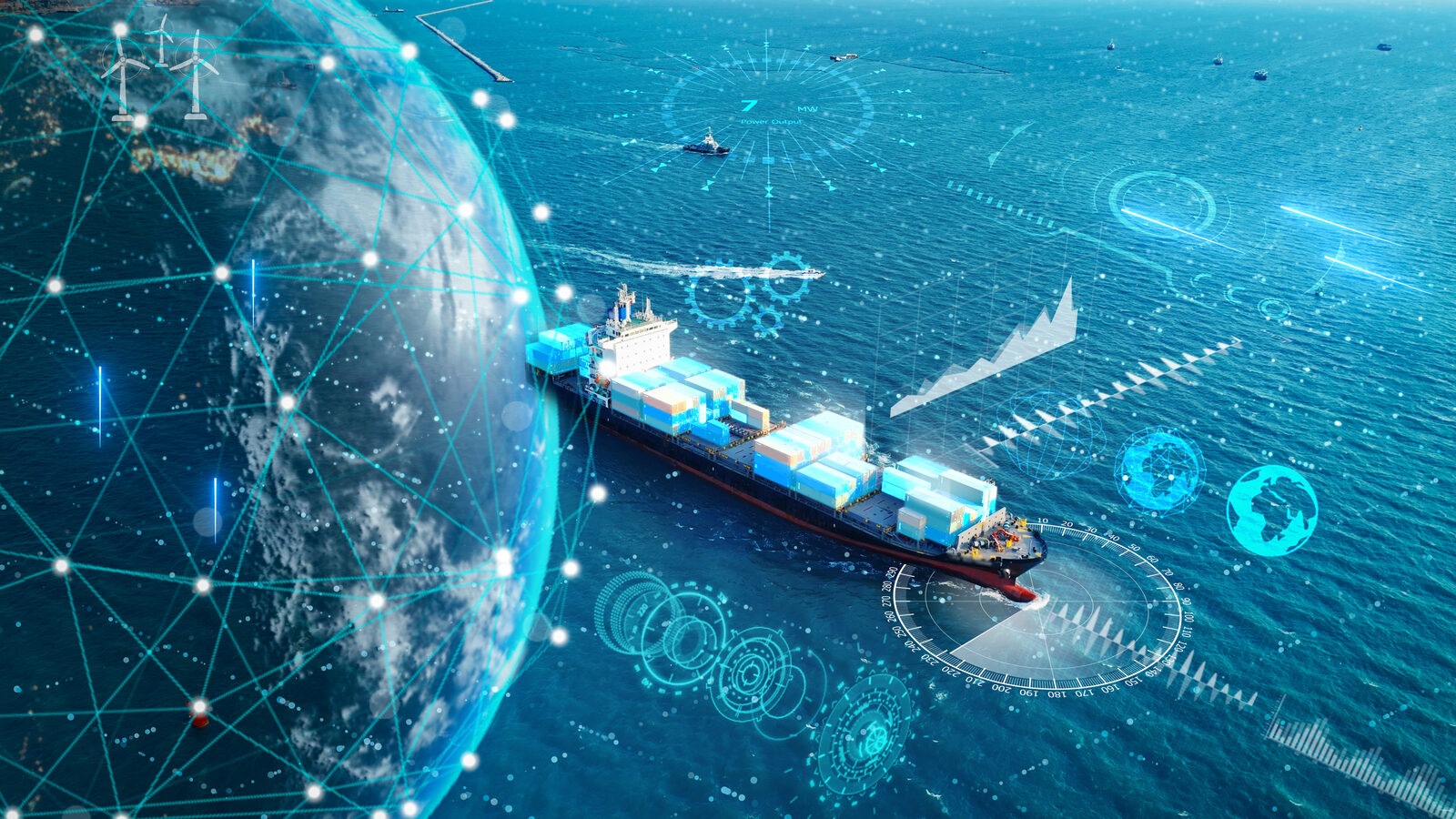 A container ship at sea overlaid with a digital globe, network connections and navigation instrument graphics