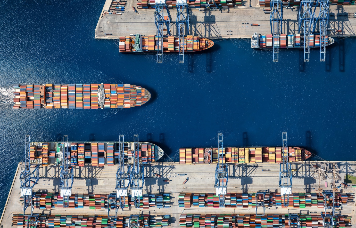 Aerial view of vessels berthed in a container port