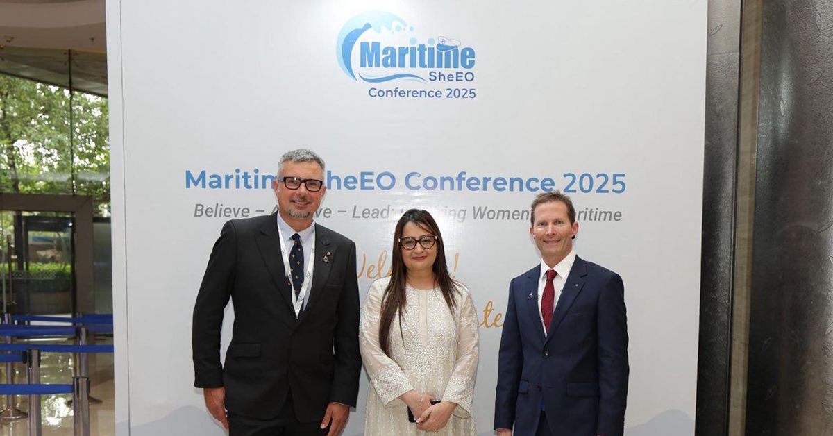 Captain Marco Banco, Maritime SheEO founder Sanjam Sahi Gupta and Matt Shirley at the Maritime SheEO Conference 2025 in Mumbai
