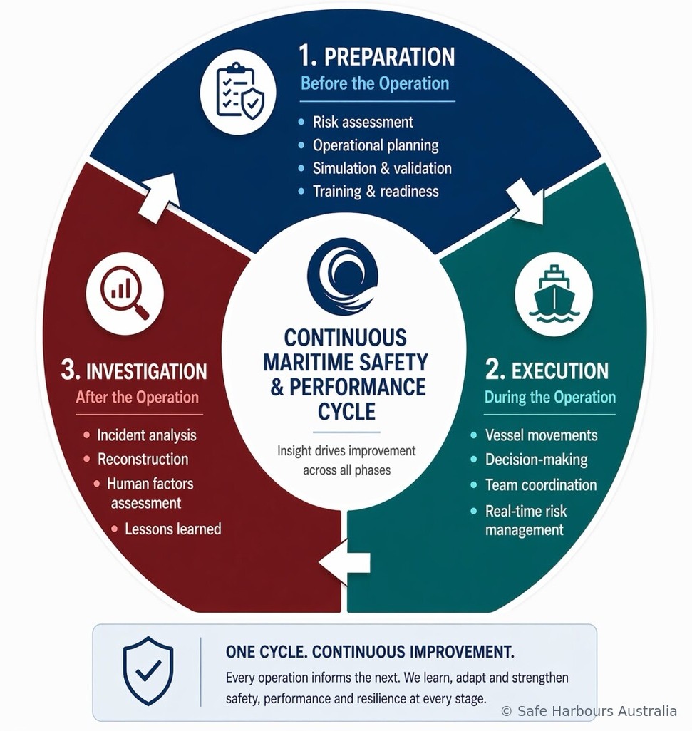 Diagram of the continuous maritime safety and performance cycle: preparation before the operation, execution during the operation, and investigation after the operation